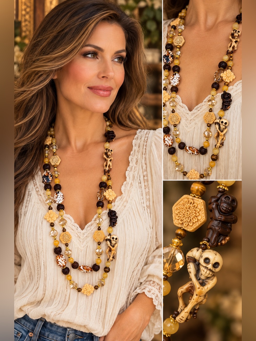 Artisan Carved Bone Skeleton Fire Agate Jade Tigers Eye Two Strand Necklace 36”